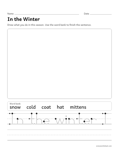 Preview of the printable “In the winter writing prompt” worksheet: writing about Winter