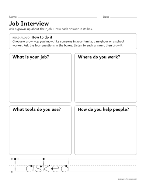Preview of the printable “Job Interview: ask a Grown-Up about their job” worksheet: asking a grown-up questions about their job and recording the answers