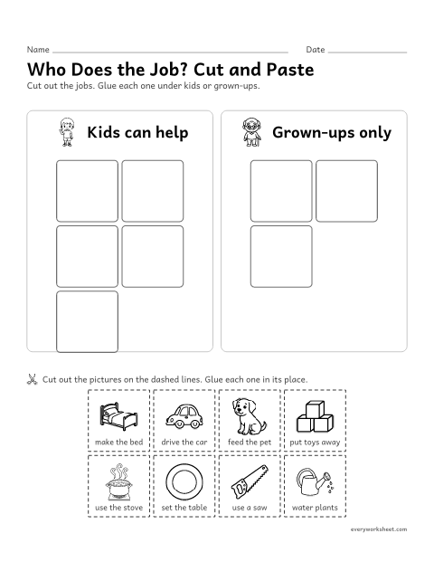 Preview of the printable “Jobs at home cut and paste” worksheet: sorting home jobs into jobs kids can help with and jobs for grown-ups