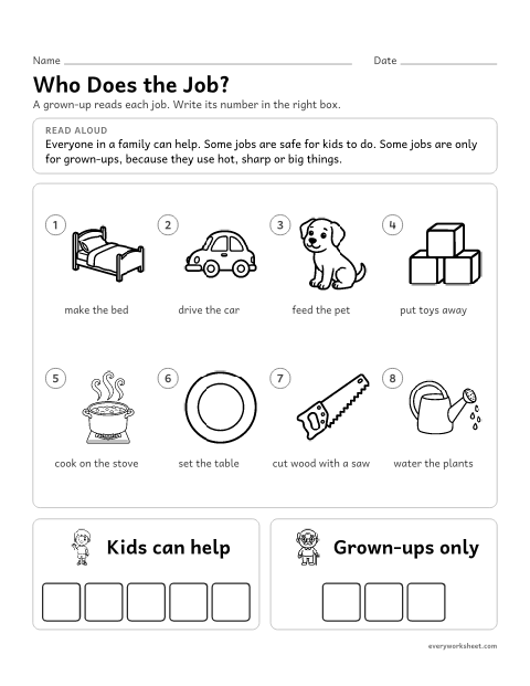 Preview of the printable “Jobs at home sort” worksheet: sorting home jobs into jobs kids can help with and jobs for grown-ups