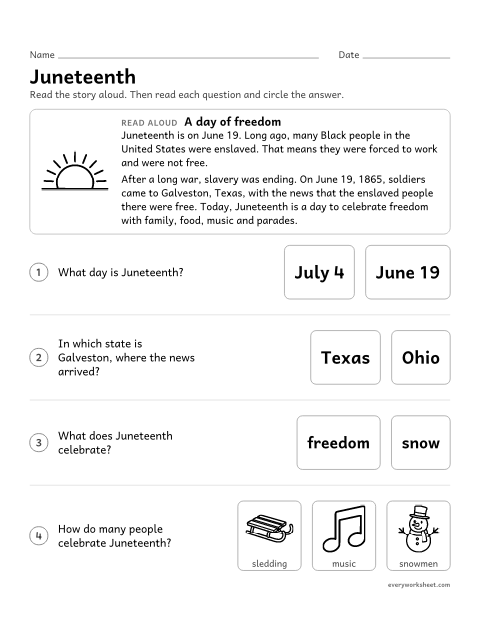 Preview of the printable “Juneteenth Read-Aloud” worksheet: listening to a story about Juneteenth, a day to celebrate freedom, and answering questions