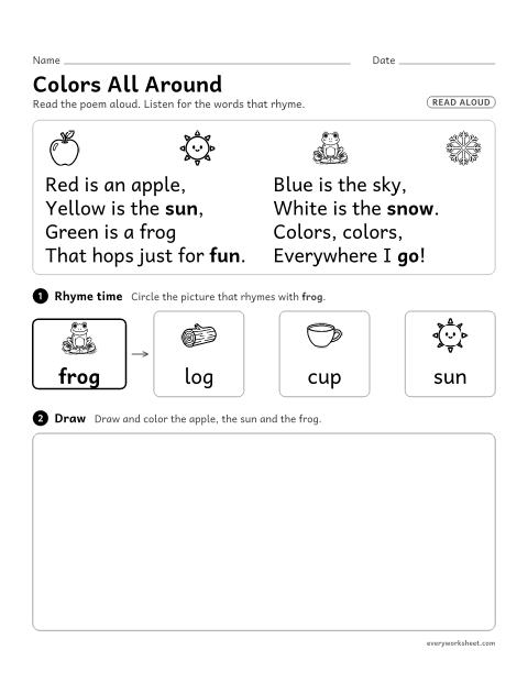 Preview of the printable “Kindergarten Poem: colors all around” worksheet: listening to a poem, hearing rhyming words and drawing what the poem says