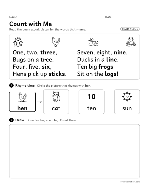 Preview of the printable “Kindergarten Poem: count with me” worksheet: listening to a poem, hearing rhyming words and drawing what the poem says