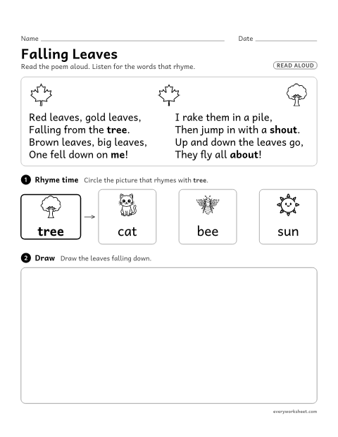 Preview of the printable “Kindergarten Poem: falling leaves” worksheet: listening to a poem, hearing rhyming words and drawing what the poem says