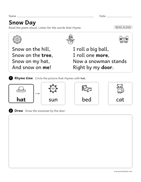 Preview of the printable “Kindergarten Poem: snow day” worksheet: listening to a poem, hearing rhyming words and drawing what the poem says