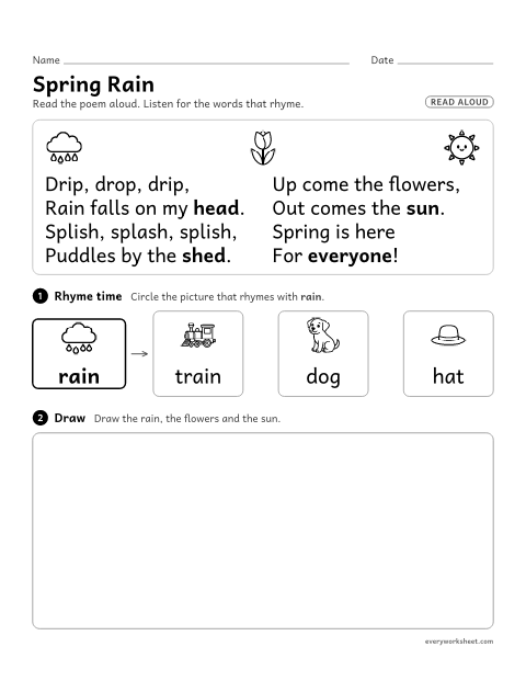 Preview of the printable “Kindergarten Poem: spring rain” worksheet: listening to a poem, hearing rhyming words and drawing what the poem says
