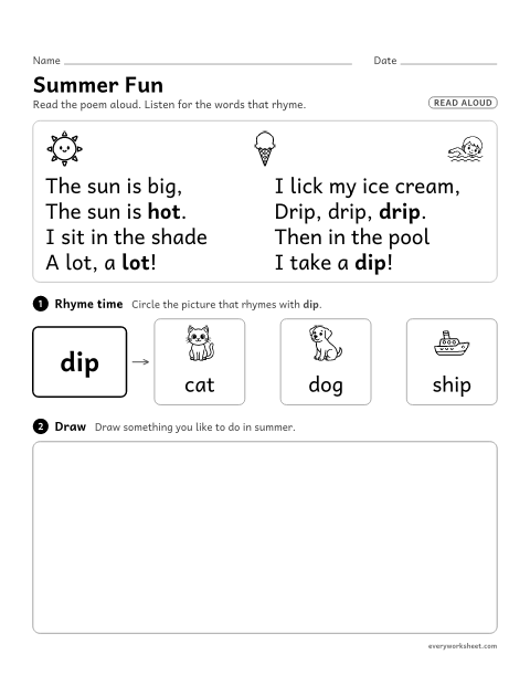 Preview of the printable “Kindergarten Poem: summer fun” worksheet: listening to a poem, hearing rhyming words and drawing what the poem says