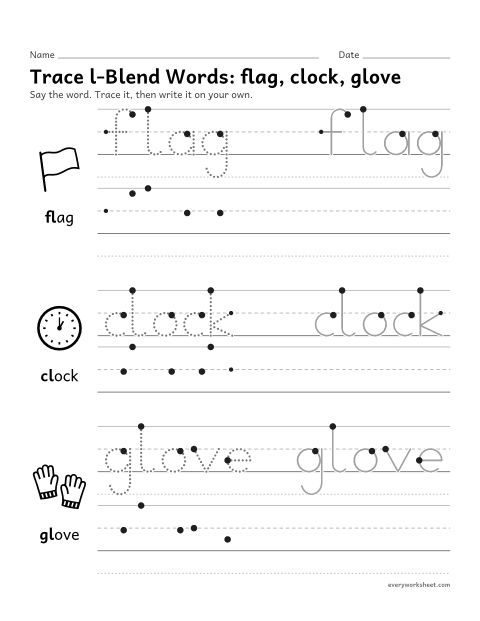 Preview of the printable “Trace l-Blend Words: flag, clock, glove” worksheet: writing words that begin with l-blends