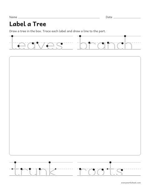 Preview of the printable “Label a Tree: draw and label” worksheet: drawing a tree and labeling its parts