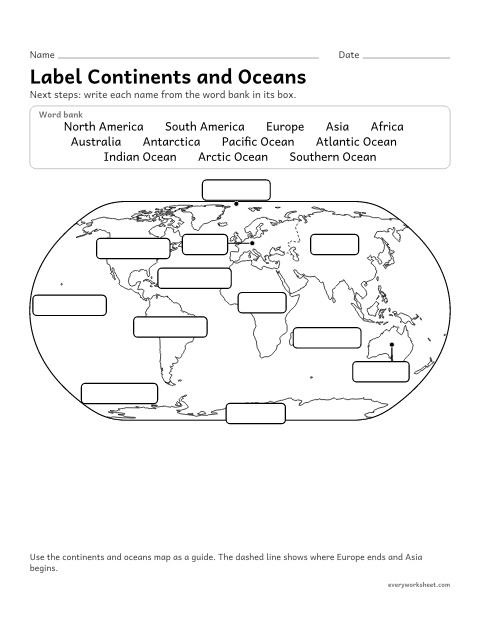 Preview of the printable “Label the continents and oceans (Next Steps)” worksheet: labeling the 7 continents and 5 oceans on a simple world map (a next step after land and water)