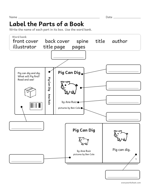 Preview of the printable “Label the parts of a book” worksheet: labeling the parts of a book