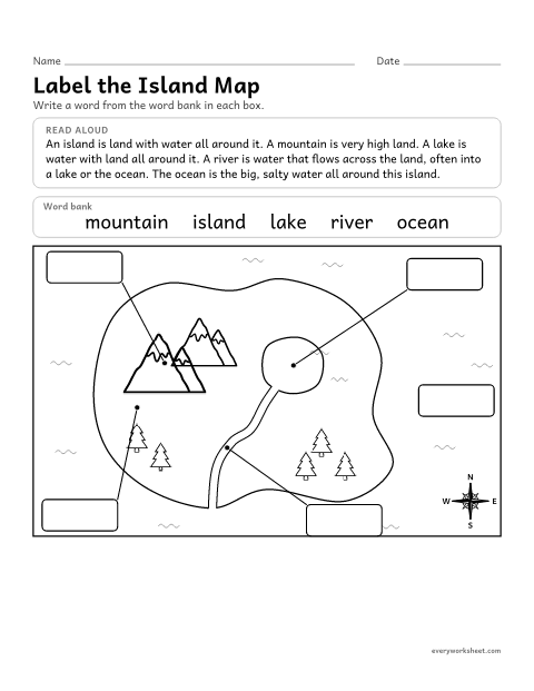 Preview of the printable “Label the island Map: land and water” worksheet: labeling land and water on a simple map: island, mountain, lake, river, ocean