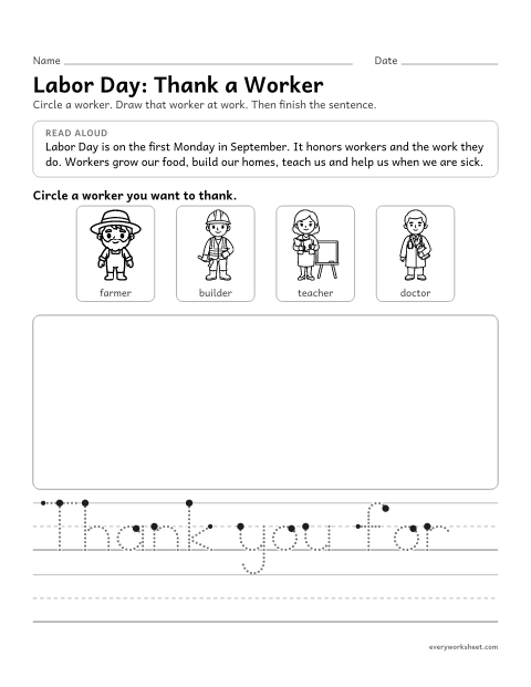 Preview of the printable “Labor Day: thank a worker” worksheet: learning why we have Labor Day and thanking a worker