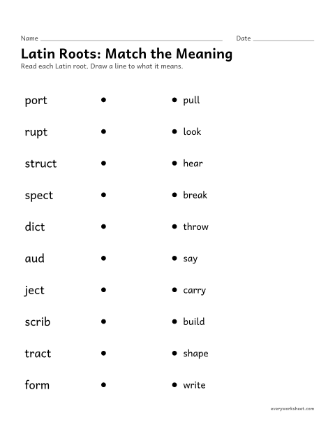 Preview of the printable “Latin Roots: match the meaning” worksheet: matching ten Latin roots to their meanings