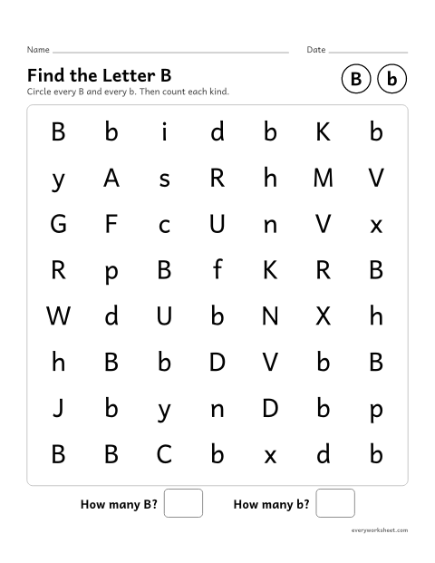 Preview of the printable “Find the letter B” worksheet: recognizing uppercase B and lowercase b