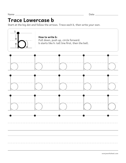 Preview of the printable “Trace lowercase b” worksheet: forming lowercase b