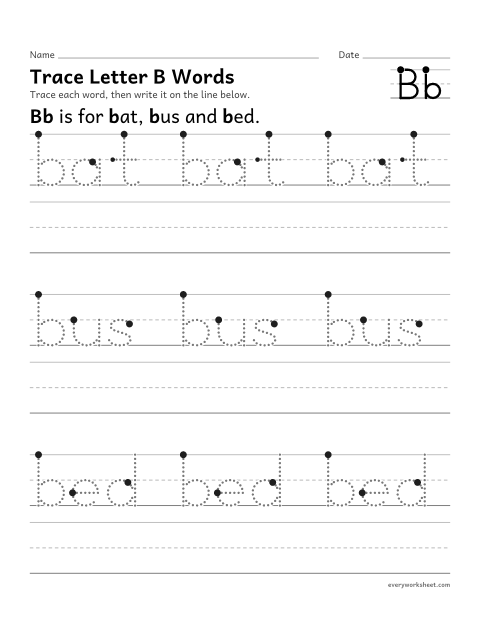 Preview of the printable “Trace letter B words” worksheet: writing words that start with Bb