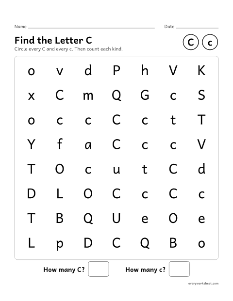 Preview of the printable “Find the letter C” worksheet: recognizing uppercase C and lowercase c