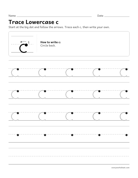 Preview of the printable “Trace lowercase c” worksheet: forming lowercase c