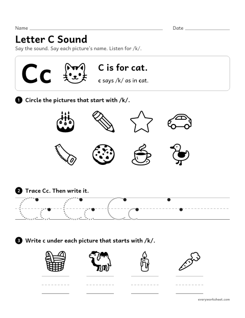 Preview of the printable “Letter C sound” worksheet: matching the letter C to its sound
