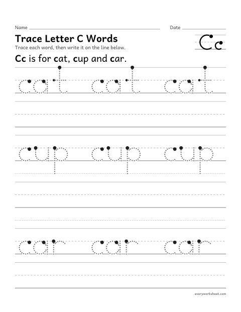 Preview of the printable “Trace letter C words” worksheet: writing words that start with Cc