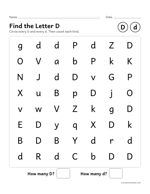 Preview of the printable “Find the letter D” worksheet: recognizing uppercase D and lowercase d