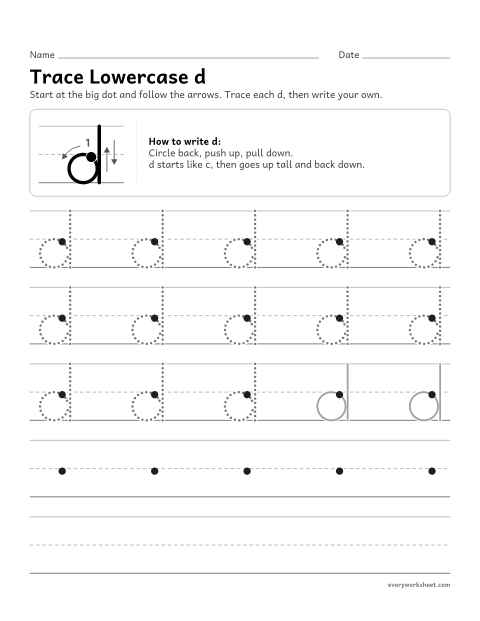 Preview of the printable “Trace lowercase d” worksheet: forming lowercase d
