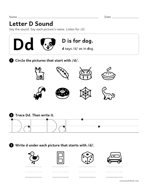 Preview of the printable “Letter D sound” worksheet: matching the letter D to its sound