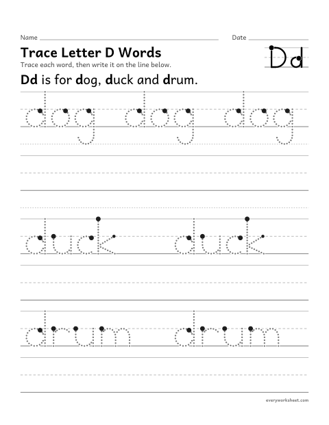Preview of the printable “Trace letter D words” worksheet: writing words that start with Dd