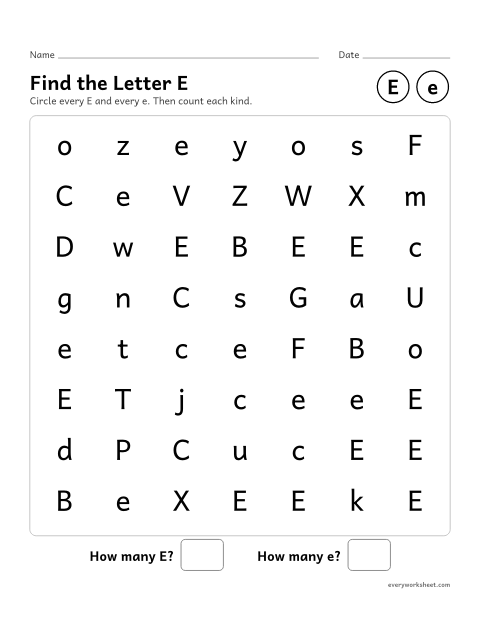 Preview of the printable “Find the letter E” worksheet: recognizing uppercase E and lowercase e