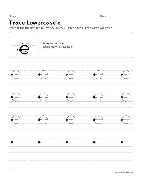 Preview of the printable “Trace lowercase e” worksheet: forming lowercase e