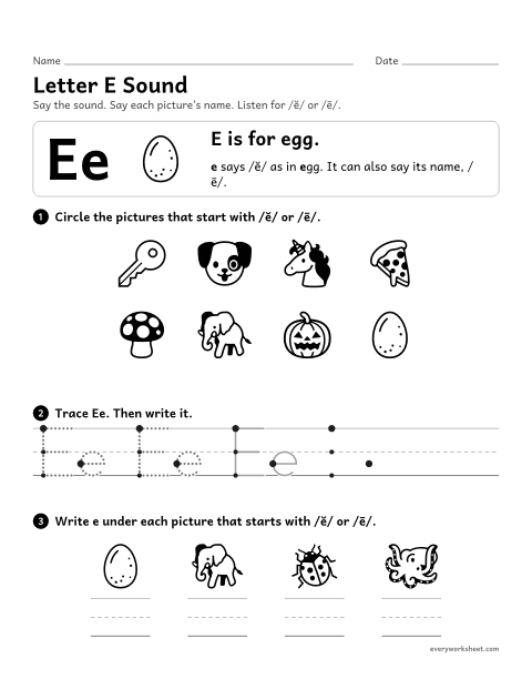 Preview of the printable “Letter E sound” worksheet: matching the letter E to its sound
