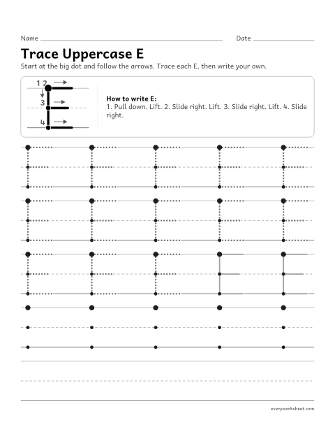 Preview of the printable “Trace uppercase E” worksheet: forming uppercase E