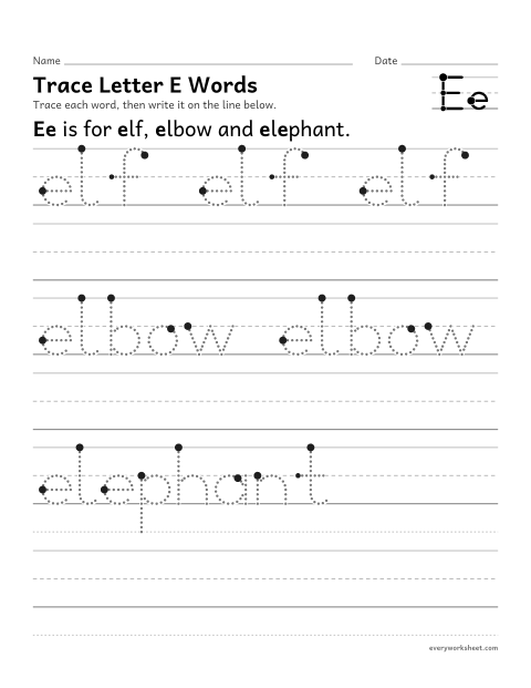 Preview of the printable “Trace letter E words” worksheet: writing words that start with Ee