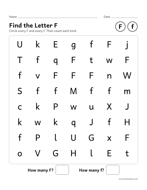 Preview of the printable “Find the letter F” worksheet: recognizing uppercase F and lowercase f