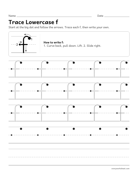 Preview of the printable “Trace lowercase f” worksheet: forming lowercase f
