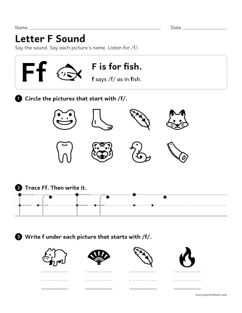 Preview of the printable “Letter F sound” worksheet: matching the letter F to its sound