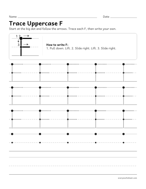 Preview of the printable “Trace uppercase F” worksheet: forming uppercase F