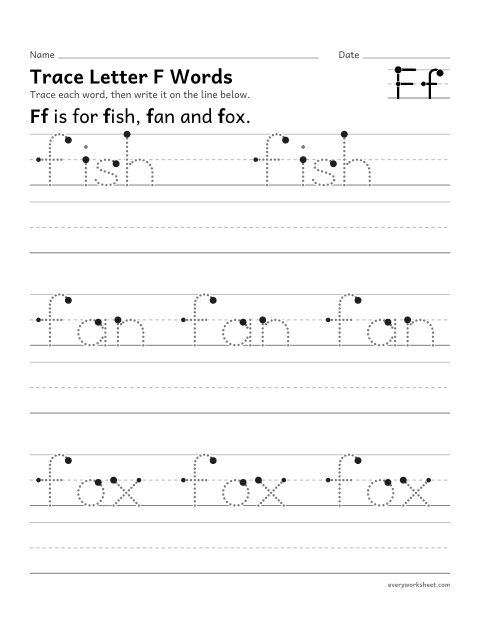 Preview of the printable “Trace letter F words” worksheet: writing words that start with Ff