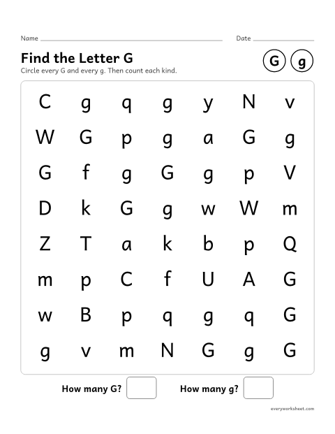 Preview of the printable “Find the letter G” worksheet: recognizing uppercase G and lowercase g