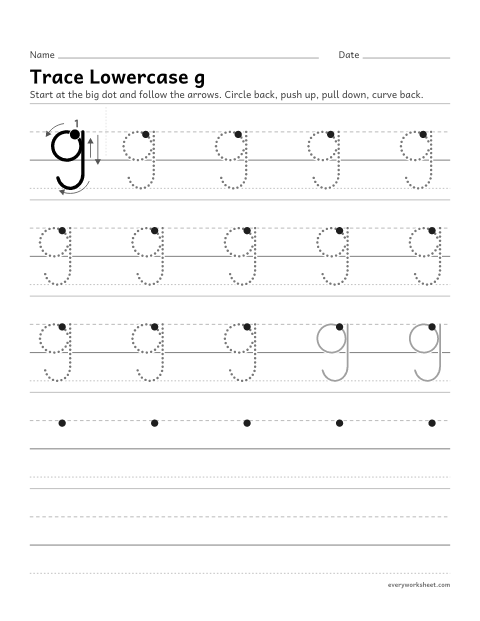 Preview of the printable “Trace lowercase g” worksheet: forming lowercase g