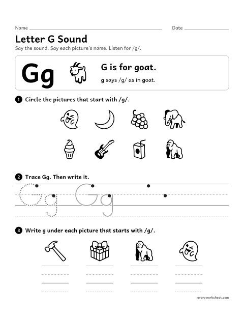 Preview of the printable “Letter G sound” worksheet: matching the letter G to its sound