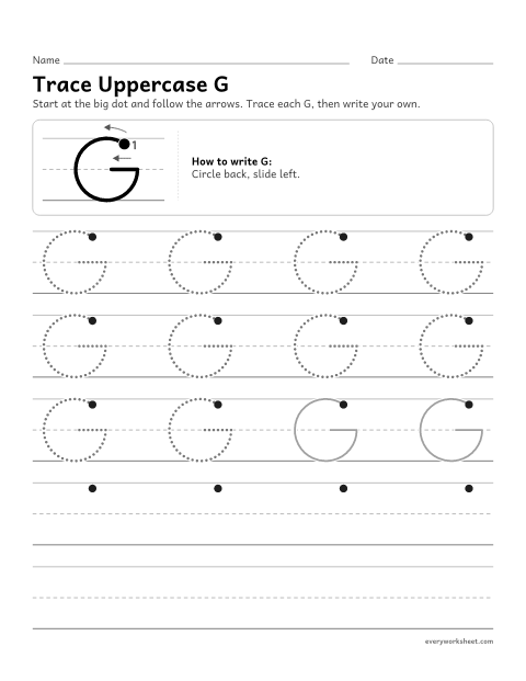Preview of the printable “Trace uppercase G” worksheet: forming uppercase G