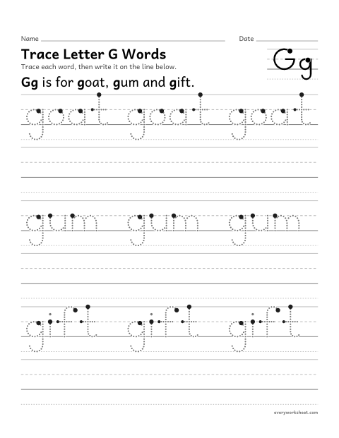 Preview of the printable “Trace letter G words” worksheet: writing words that start with Gg