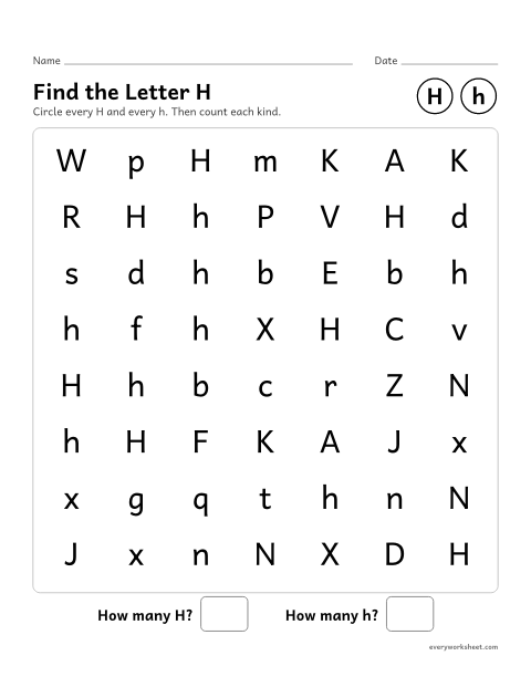 Preview of the printable “Find the letter H” worksheet: recognizing uppercase H and lowercase h