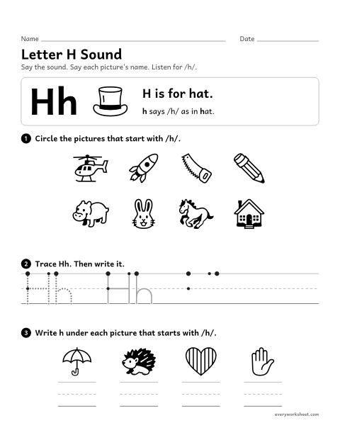 Preview of the printable “Letter H sound” worksheet: matching the letter H to its sound
