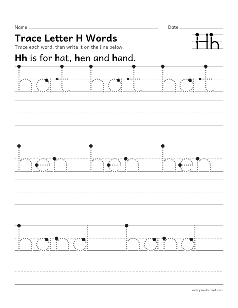 Preview of the printable “Trace letter H words” worksheet: writing words that start with Hh
