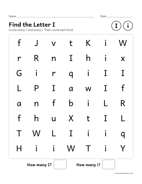 Preview of the printable “Find the letter I” worksheet: recognizing uppercase I and lowercase i