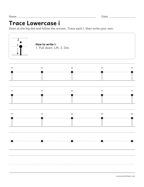 Preview of the printable “Trace lowercase i” worksheet: forming lowercase i