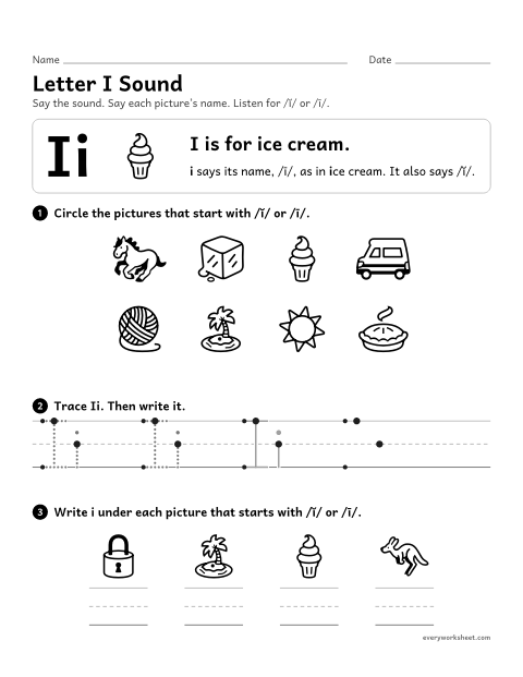 Preview of the printable “Letter I sound” worksheet: matching the letter I to its sound
